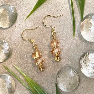3/$25 Gold Earrings - Sparkly Amber Faceted Glass with 18k Gold-Plated Hooks